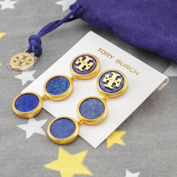 Tory Burch Triple Button Drop Statement Earrings - Semiprecious Blue Lapis - Picture 4 of 6